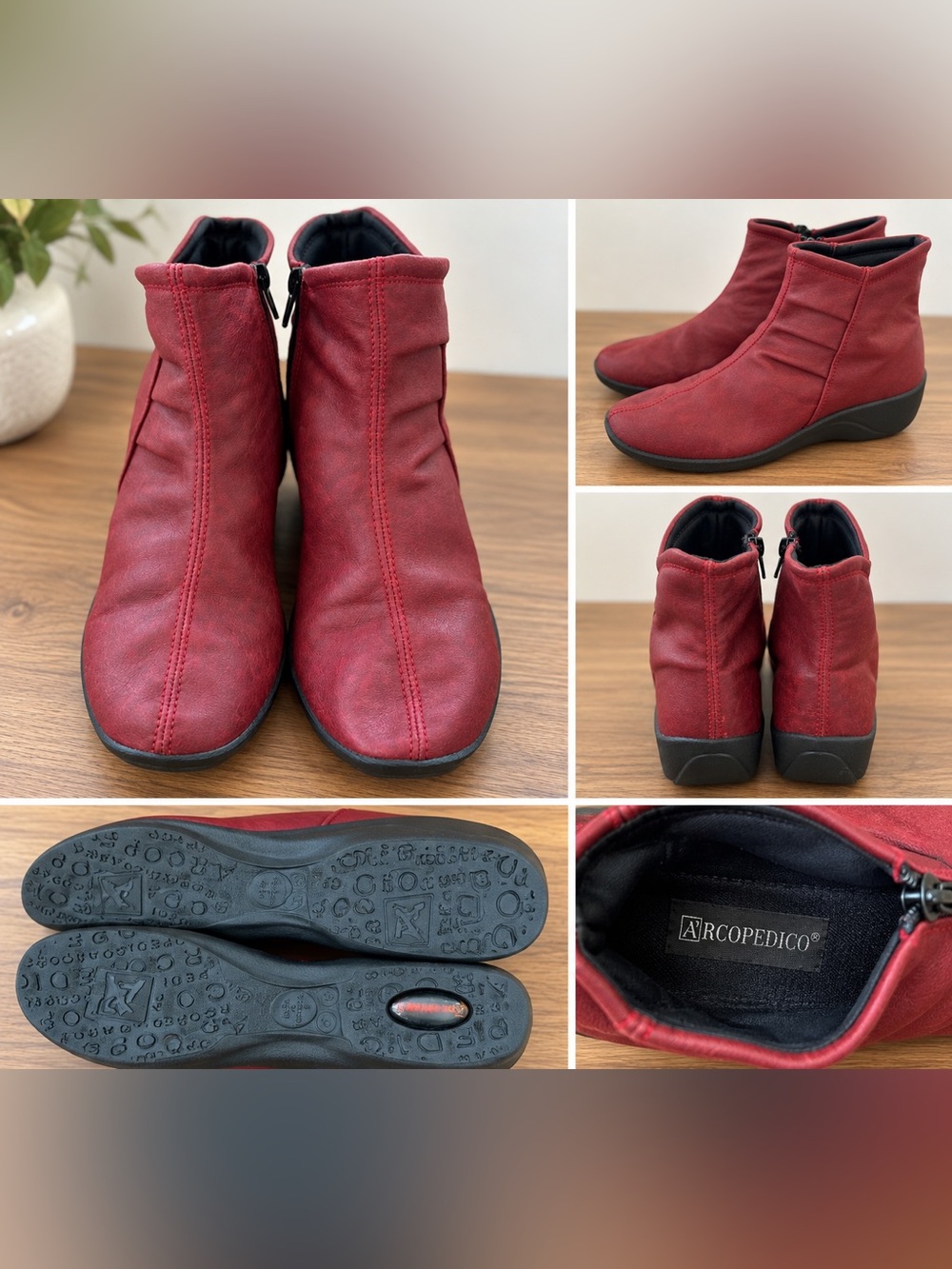 Arcopedico Red Leather Ankle Booties with Side Zipper